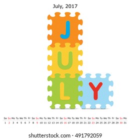 Calendário de quebra-cabeça de julho de 2017 - ilustração vetorial