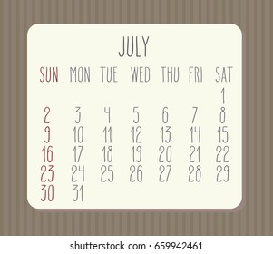 July 2017 vector calendar with hand drawn text over brown striped background. Week starting from Sunday.