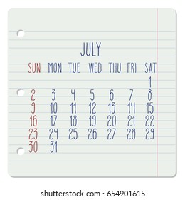 July 2017 vector calendar on a ruled notebook page. Week starting from Sunday. Hand written typography.