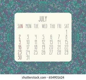 July 2017 vector calendar over blue lacy doodle hand drawn background, week starting from Sunday.