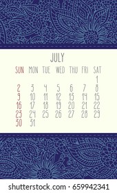 July 2017 vector calendar over blue lacy doodle hand drawn background, week starting from Sunday.