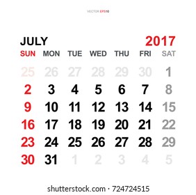 July 2017. Vector monthly calendar template 2017 year in simple style for template design. Week starts from Sunday.