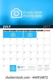 July 2017. Wall Calendar Planner Template for 2017 Year. Vector Design Print Template with Place for Photo and Notes. Week Starts Monday. 3 Months on Page