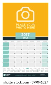 July 2017. Wall Monthly Calendar for 2017 Year. Vector Design Print Template with Place for Photo and Year Calendar. Week Starts Sunday