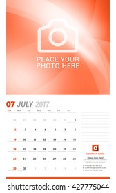 July 2017. Wall Monthly Calendar for 2017 Year. Vector Design Print Template with Place for Photo. Week Starts Sunday. Planner Template. Stationery Design