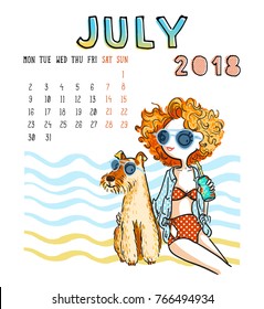 July. 2018 calendar. Cute girl with dog. Can be used like greeting cards.