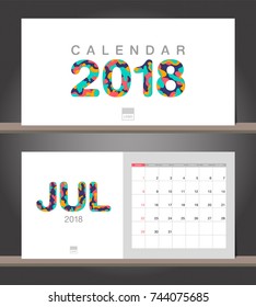 July 2018 Calendar. Desk Calendar modern design template with paper cut styles. Week starts on Sunday. Vector illustration.