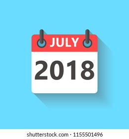 July 2018 calendar flat style icon with  shadow.