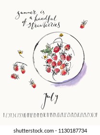 July 2018 calendar with ink calligraphy elements and wild strawberries on a plate top view. Summer ink and watercolor stain illustration.