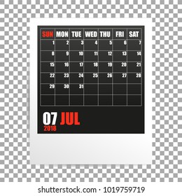 July 2018 calendar photo frame on transparent background. Summer month. Vector illustration