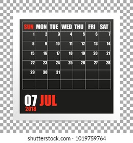 July 2018 calendar photo frame on transparent background. Summer month. Vector illustration