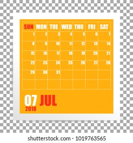 July 2018 calendar photo frame on transparent background. Summer month. Vector illustration