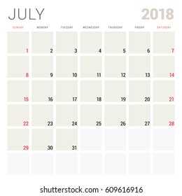 July 2018. Calendar planner design template. Week starts on Sunday. Stationery design