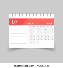 July 2018 calendar. Calendar planner design template. Week starts on Sunday. Business vector illustration.
