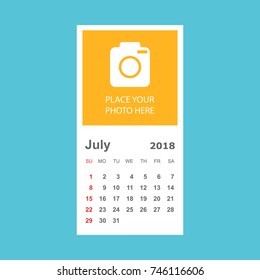 July 2018 calendar. Calendar planner design template with place for photo. Week starts on sunday. Business vector illustration.