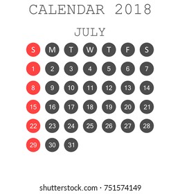 July 2018 calendar. Calendar planner design template. Week starts on Sunday. Business vector illustration.