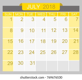 July 2018. Calendar planner design template. Week starts on Sunday.