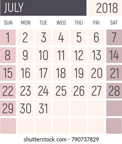 July 2018 Calendar planner design template. Lokanichny style. Vector