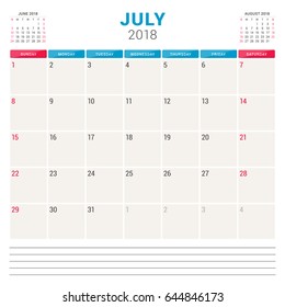 July 2018. Calendar planner vector design template. Week starts on Sunday. Stationery design