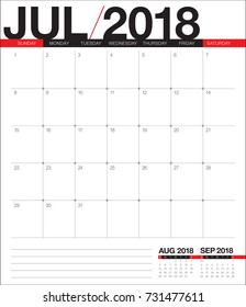 July 2018 calendar planner vector illustration, simple and clean design. 