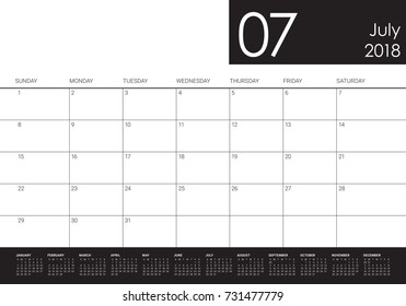 July 2018 calendar planner vector illustration, simple and clean design. 