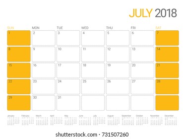 July 2018 calendar planner vector illustration, simple and clean design. 