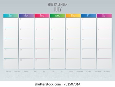 July 2018 calendar planner vector illustration, simple and clean design. 