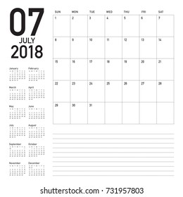 July 2018 calendar planner vector illustration, simple and clean design. 