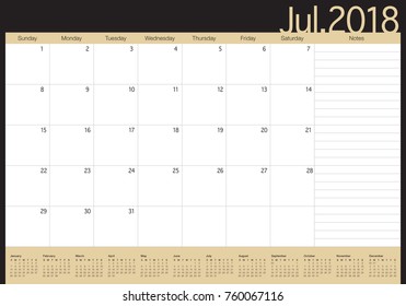 July 2018 calendar planner vector illustration, simple and clean design. 
