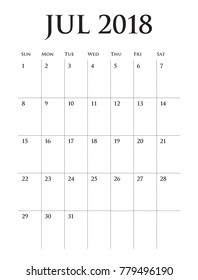 July 2018 calendar planner vector illustration, simple and clean design. 