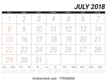 July 2018 calendar planner vector illustration, simple and clean design. 