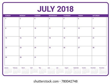 July 2018 calendar planner vector illustration, simple and clean design. 