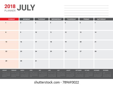 July 2018 calendar planner vector illustration, simple and clean design. 