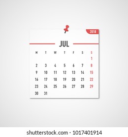 July 2018 calendar. Calendar sticker design template. Week starts on Monday. Business vector illustration.