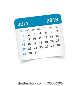 July 2018 calendar. Calendar sticker design template. Week starts on Sunday. Business vector illustration.