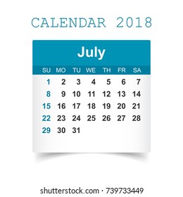 July 2018 calendar. Calendar sticker design template. Week starts on Sunday. Business vector illustration.