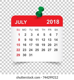 July 2018 calendar. Calendar sticker design template. Week starts on Sunday. Business vector illustration.