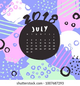 July : 2018 Calendar Template with Colorful Pattern : Vector Illustration