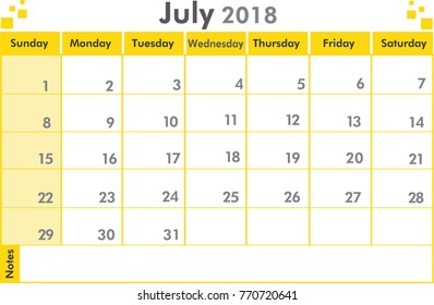 July 2018 calendar vector