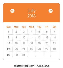 July 2018 calendar vector illustration, simple and clean design.