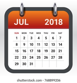 July 2018 calendar vector illustration, simple and clean design.