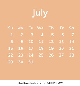 July 2018 calendar, week starts on Sunday. Flat vector illustration