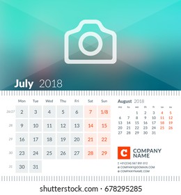 July 2018. Calendar for 2018 Year. Week Starts on Monday. 2 Months on Page. Vector Design Print Template with Place for Photo and Company Information