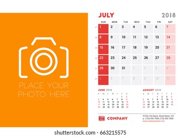 July 2018. Desk Calendar Design Template with Place for Photo. Week starts on Sunday. Vector Illustration