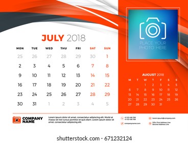 July 2018. Desk calendar design template with abstract background. Place for photo. Red and black colors. Two months on the page. Week starts on Monday. Vector Illustration