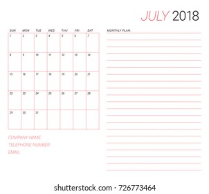 July 2018 desk calendar vector illustration, simple and clean design.