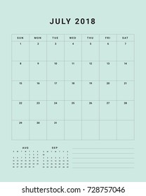 July 2018 desk calendar vector illustration, simple and clean design.