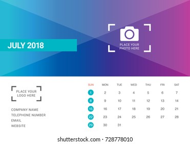 July 2018 desk calendar vector illustration, simple and clean design.
