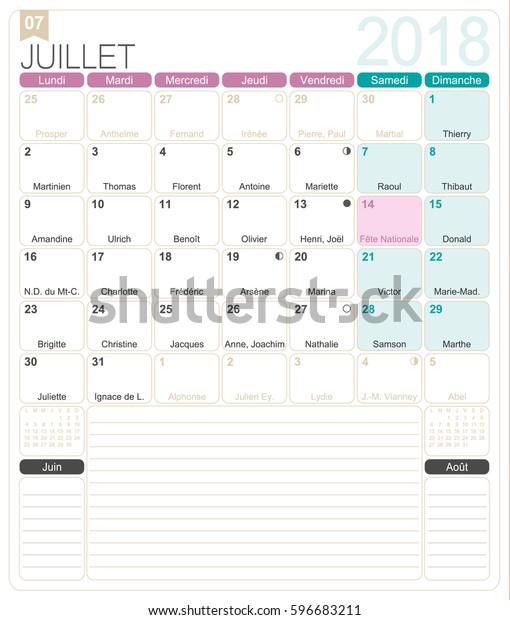 july 2018 french printable monthly calendar stock vector royalty free 596683211