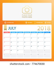 JULY 2018, illustration vector calendar or desk planner, weeks start on Sunday, size of paper for printing A4. Orange yellow color.